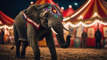 An elephant adorned with decorations stands in front of a colorful circus tent at night. photo