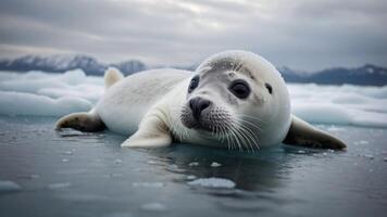 A seal resting on ice in a serene, icy landscape under a cloudy sky. photo