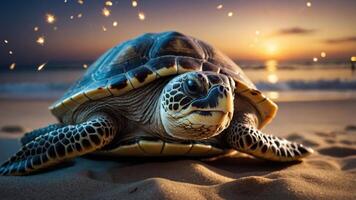 A turtle on the beach at sunset, surrounded by a serene atmosphere and soft lighting. photo