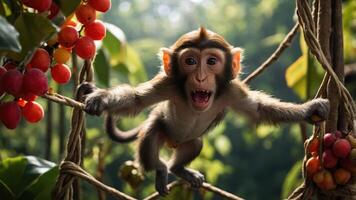 A playful monkey hanging on vines amidst vibrant fruits in a lush forest setting. photo