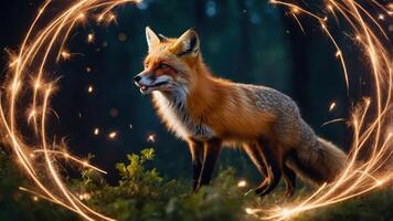 A fox stands amidst a magical, sparkly circle in a forest setting. photo