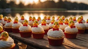 A whimsical display of cupcakes topped with rubber duck decorations by a serene lakeside. photo