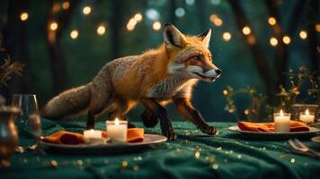 A fox explores a candlelit dinner table in a forest setting. photo