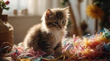 un mullido gatito rodeado por vistoso instrumentos de cuerda, evocando alegría y curiosidad. foto