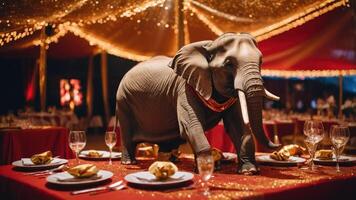 A decorative elephant centerpiece in an elegantly set dining area with twinkling lights. photo