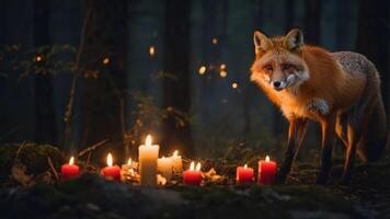A fox stands near glowing candles in a dark forest, creating a mystical atmosphere. photo