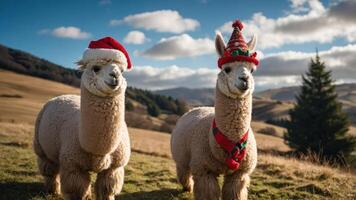Two festive llamas wearing Christmas hats in a scenic landscape. photo