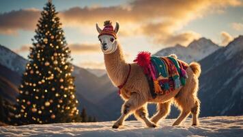 A festive llama adorned with colorful blankets stands beside a decorated Christmas tree in nature. photo