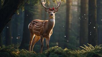 A deer adorned with festive decorations stands gracefully in a serene forest setting. photo