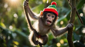 A playful monkey wearing a festive hat swings on a branch in a lush green environment. photo