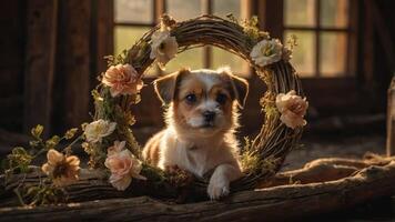 A small puppy framed by a floral wreath, exuding warmth and charm in a rustic setting. photo