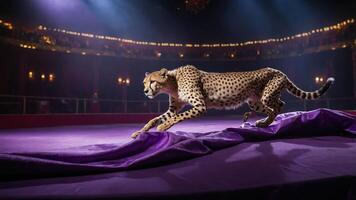 A cheetah gracefully leaps across a stage, showcasing agility and strength in a performance. photo
