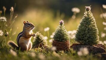 A chipmunk stands beside miniature Christmas trees in a grassy field with flowers. photo
