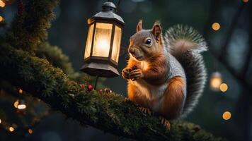 A squirrel perched on a mossy branch near a glowing lantern, surrounded by twinkling lights. photo