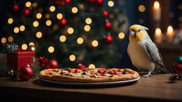 A cockatiel beside a pizza on a table, with a festive Christmas tree in the background. photo