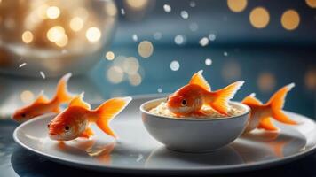 A whimsical scene featuring goldfish playfully interacting with a bowl of food. photo