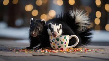 Two skunks playfully interacting with a colorful mug surrounded by confetti. photo