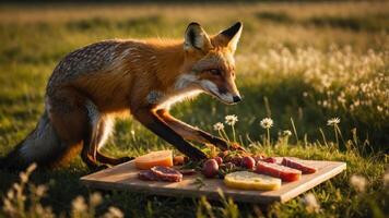 A fox curiously approaches a wooden platter with assorted fruits and meats in a grassy field. photo