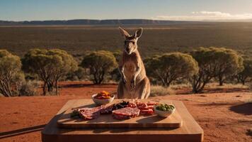 A kangaroo stands near a wooden table with various meats and vegetables against a scenic backdrop. photo