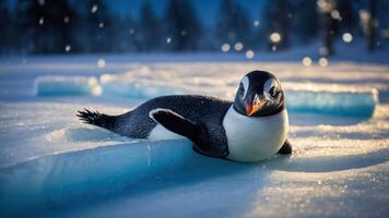 A penguin resting on icy terrain, surrounded by a serene, snowy landscape. photo
