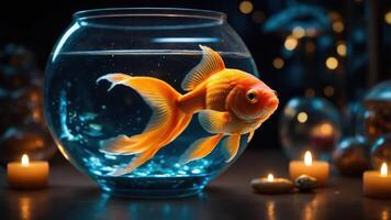 A goldfish swims in a bowl surrounded by candles, creating a serene atmosphere. photo