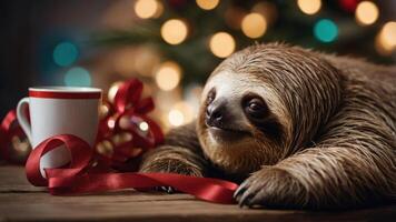 A sloth rests beside a festive cup and ribbon, set against a decorated Christmas backdrop. photo