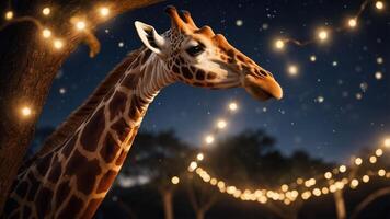 A serene night scene featuring a giraffe illuminated by string lights under a starry sky. photo