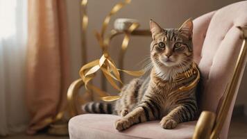 A cat lounging on a pink chair adorned with golden ribbons, creating a festive atmosphere. photo