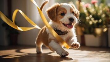 A playful puppy joyfully runs with a yellow ribbon in a sunlit indoor setting. photo