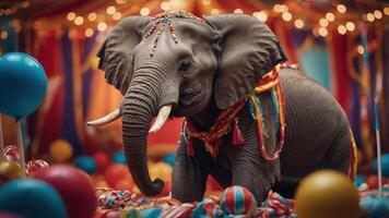 A decorated elephant in a colorful circus setting surrounded by balloons and candy. photo