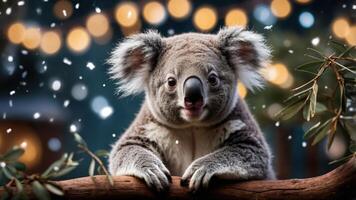 A koala resting on a branch amidst a festive background with soft lights and snowflakes. photo
