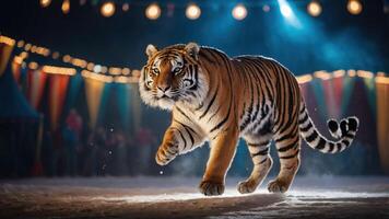 A tiger gracefully moves through a circus setting, surrounded by colorful decorations and lights. photo