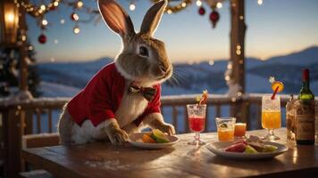 A whimsical rabbit in a red jacket enjoying a festive meal and drinks at sunset. photo