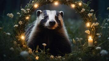 A badger surrounded by flowers and lights in a serene, magical forest setting. photo