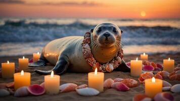 A seal adorned with seashells and candles on a beach at sunset, creating a serene atmosphere. photo