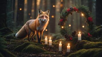 A fox stands in a forest with candles and a festive wreath, creating a magical atmosphere. photo
