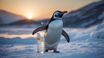 A penguin stands beside a glass of drink on snow, with a sunset in the background. photo