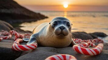 A seal resting on rocks surrounded by candy canes at sunset by the ocean. photo