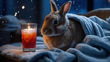 A cozy rabbit wrapped in a blanket beside a candlelit drink in a serene setting. photo