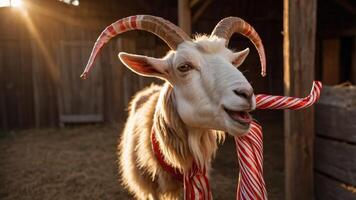 A goat adorned with candy cane decorations in a rustic barn setting. photo