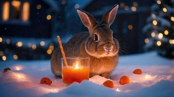 A rabbit beside a candlelit drink and tangerines in a snowy, festive setting. photo