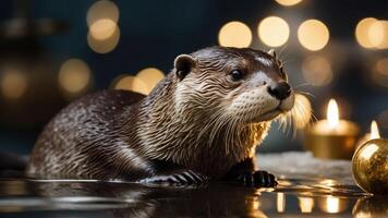 A close-up of an otter beside candles, creating a cozy atmosphere. photo