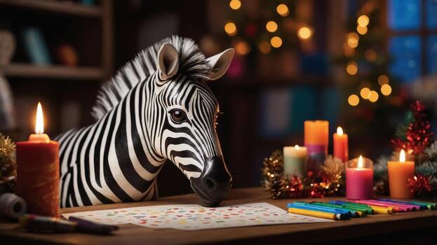 A zebra sits at a table with candles and colorful markers, creating a festive atmosphere. photo