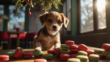 A playful dog curiously examines colorful macarons on a table. photo