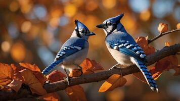 Two blue jays perched on a branch surrounded by autumn leaves. photo