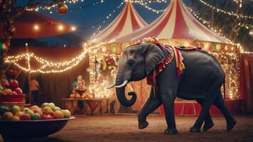 An elephant adorned with colorful decorations walks through a festive circus setting. photo