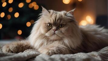 A fluffy Persian cat lounging on a cozy blanket with warm bokeh lights in the background. photo