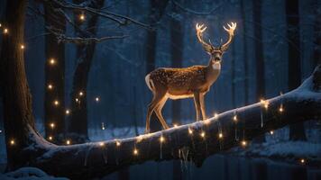 A deer stands on a snowy log adorned with glowing lights in a serene forest setting. photo
