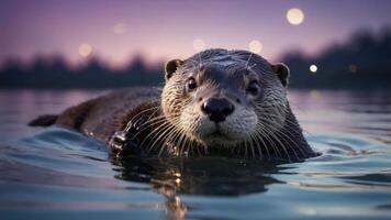 A close-up of an otter swimming in water at dusk, showcasing its playful expression. photo