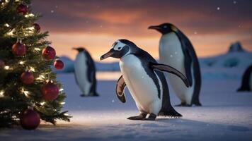 A festive scene with penguins near a decorated Christmas tree in a snowy landscape. photo